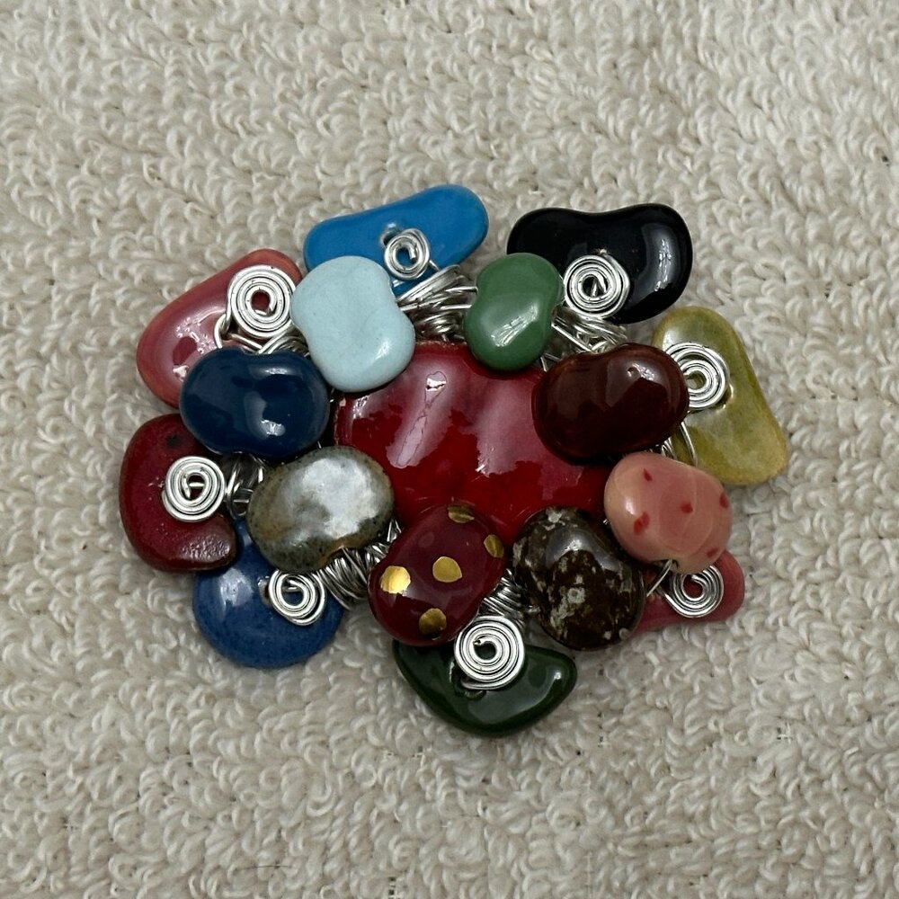 Very Cool Vintage Artsy Stone & Wire Work Brooch Great Colors!